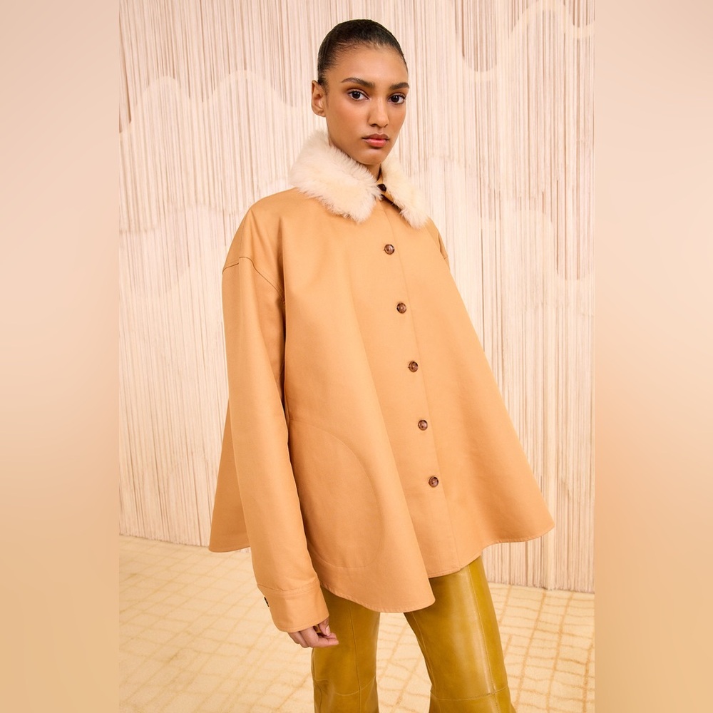 Ulla Johnson Camel Leather Jacket with Cream Faux Fur Collar